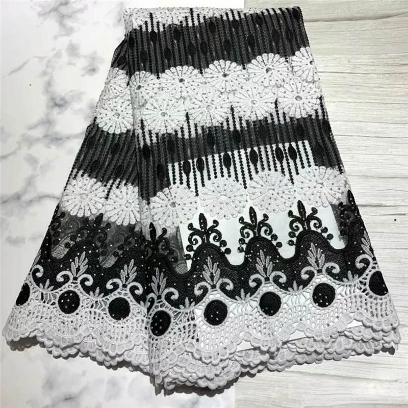 

Black Color Milk Silk Guipure Lace Fabric High Quality African Cord Lace Fabric Embroidered With Stones Chemical Lace Fabric