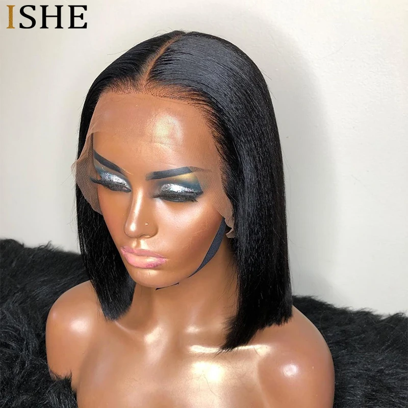 Yaki Peruca de Cabelo Humano Curto Bob Yaki em Linha Reta Dianteira do Laço Perucas de Cabelo Humano com o Cabelo do Bebê 13x6 Profundo Parte Dianteira do Laço Perucas Remy 5 perucas de cabelo humano com o cabelo