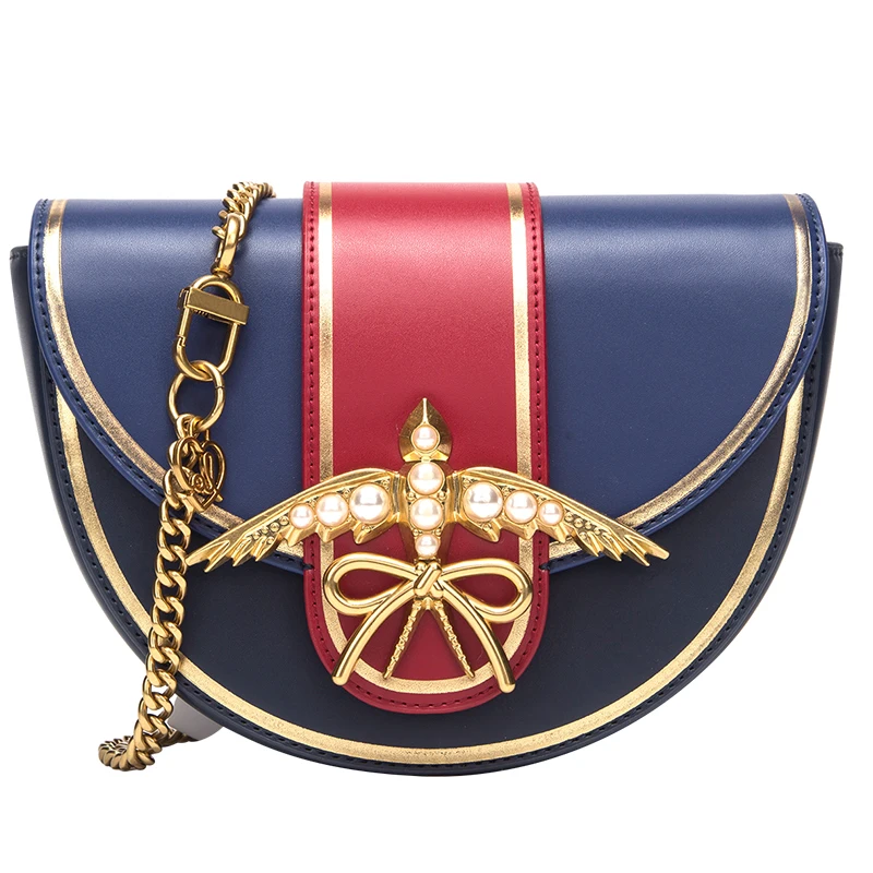 

Luxury Fashion Pearl Metal Chain Shoulder Messenger Bags Unique Design Saddle Panelled Women Purse and Handbags