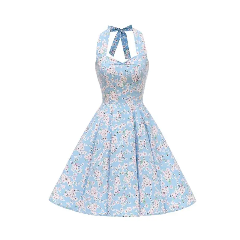 

Backless Vintage Floral Dress Women 50s Halter Sexy Romantic Flower Print Sweet Blue Rockabilly Swing A Line Casual Dresses Girl
