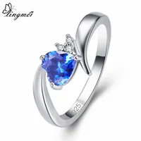 lingmei New Valentine Gift Heart Cut Multicolor Blue White CZ Silver Color Ring Size 6 7 8 9 Romantic Lovers' Jewelry Wholesale