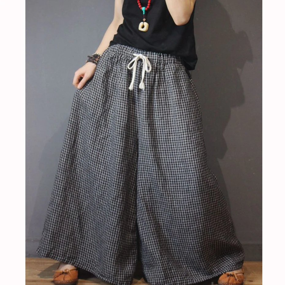 Женская туника из хлопка и льна, брюки с широкими штанинами, брюки для дам, большой свободный размер, клетчатые винтажные элегантные стильные 90044
