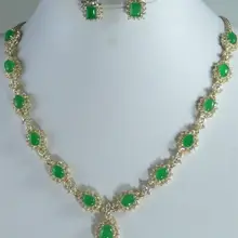 Редкая Изысканная Очаровательная бижутерия золотой зеленый драгоценный камень STONG ожерелье серьги набор ювелирные изделия серебряный крючок