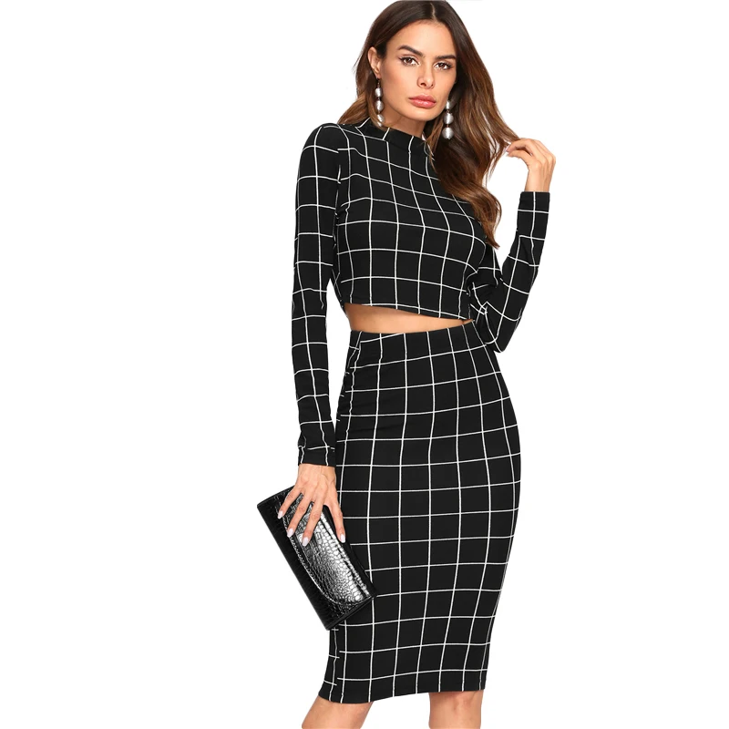 Zebery Stand Collar Long Sleeve 2 Piece Set Women Crop Grid Top & Pencil Skirt Co-Ord Ladies Elegant OL Style Twopiece