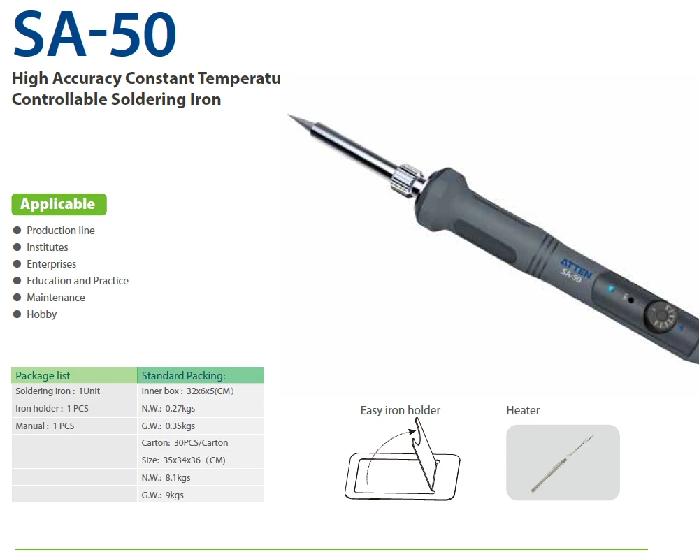 ATTEN SA-50 Электрический паяльник AC220V 50 Вт портативный высокая точность постоянная температура контролируемый термостатом