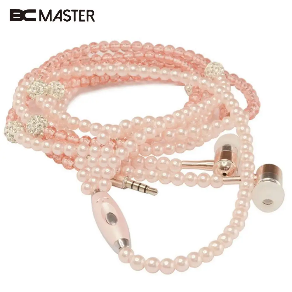 Beste BCMaster Sieraden Parel Ketting Oortelefoon Headset Kralen 3.5mm Roze Voor Iphone Android Mobiele Telefoon Computer MP3 MP4 Meisje Gift