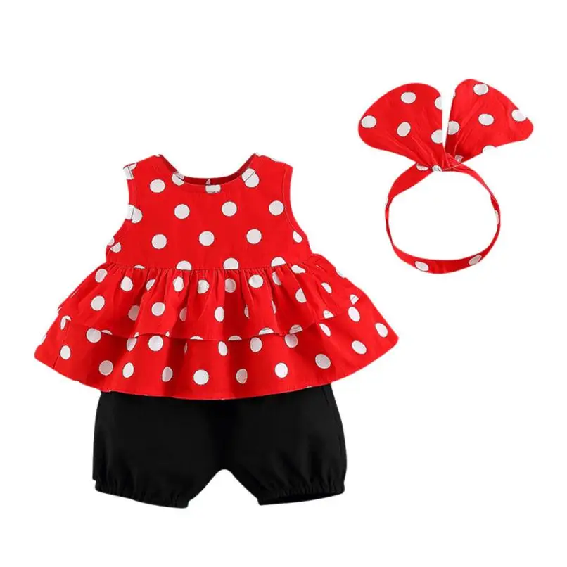 Модный комплект одежды для маленьких девочек, топы с принтом в горошек, шорты и повязка на голову, Модный комплект vestido infantil, 28 июля - Цвет: Красный
