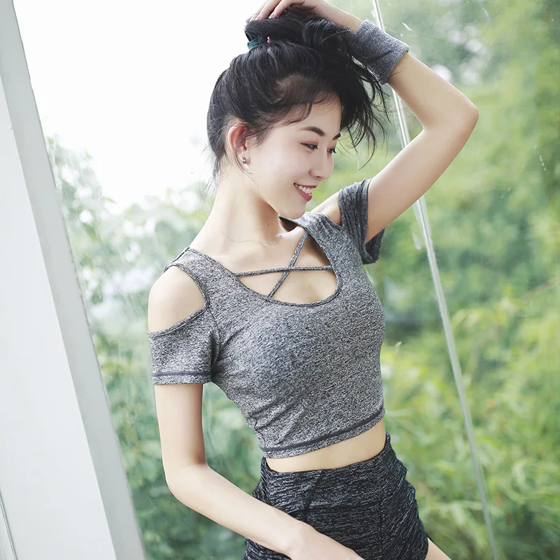 

ESHINES 2019 yoga quick-drying shirt short-sleeved exposed navel sports female new breathable training yoga fitness T-shirt