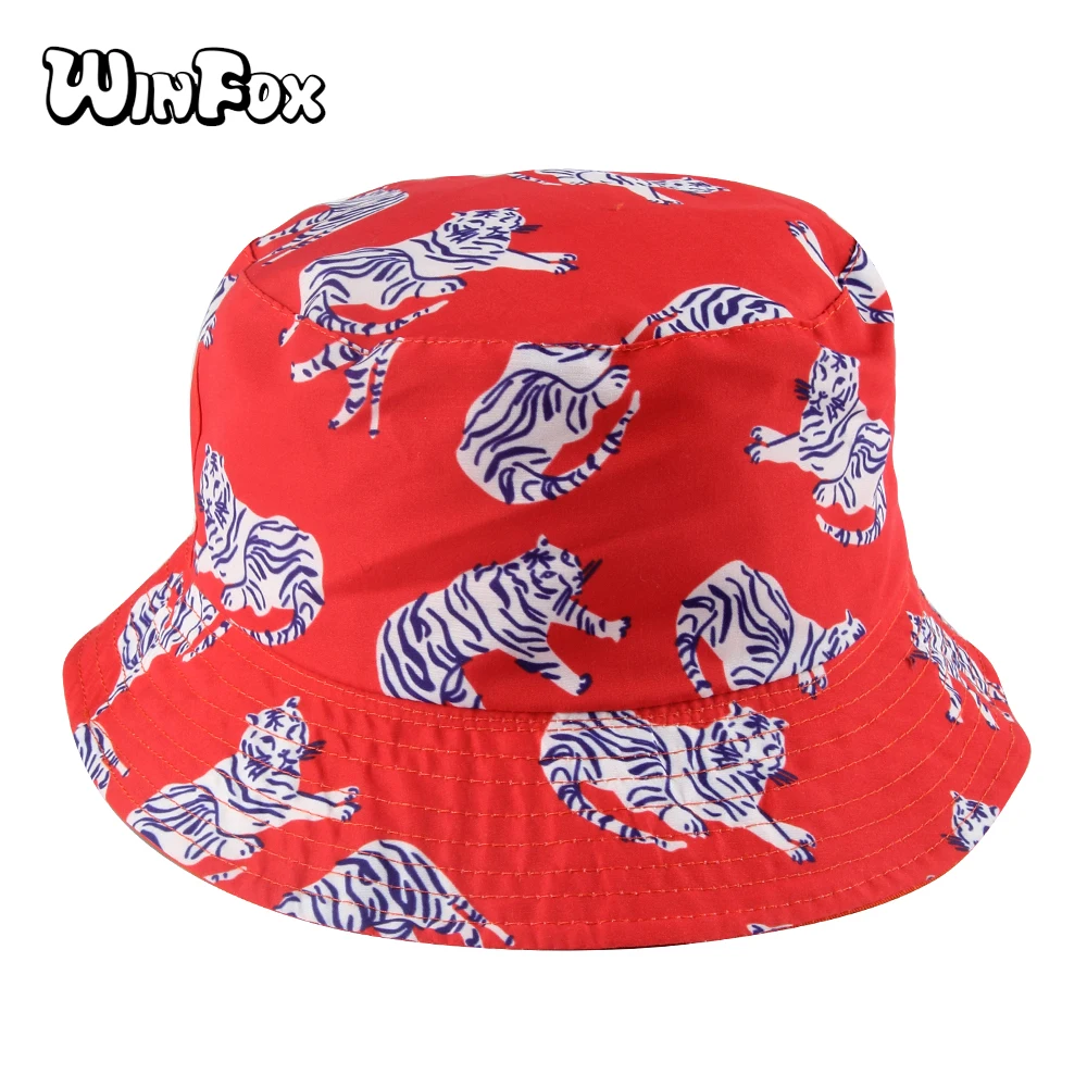 

Winfox 2018 New Fashion Summer Reversible Orange Tiger Bucket Hats Gorro Pescador Fisherman Caps For Women Ladies Girls