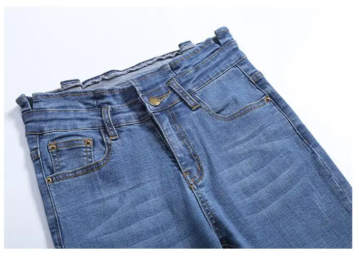 Модные джинсы для Для женщин Высокая Талия Эластичный оборками Повседневное потертые джинсовые штаны узкие брюки-карандаш женские брюки