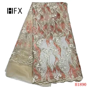 

HFX Peach/Gold Nigeria Net Lace Rhinestones French Tulle Dress Party Dress Embroidered High Quality African Fabric Lace X1890