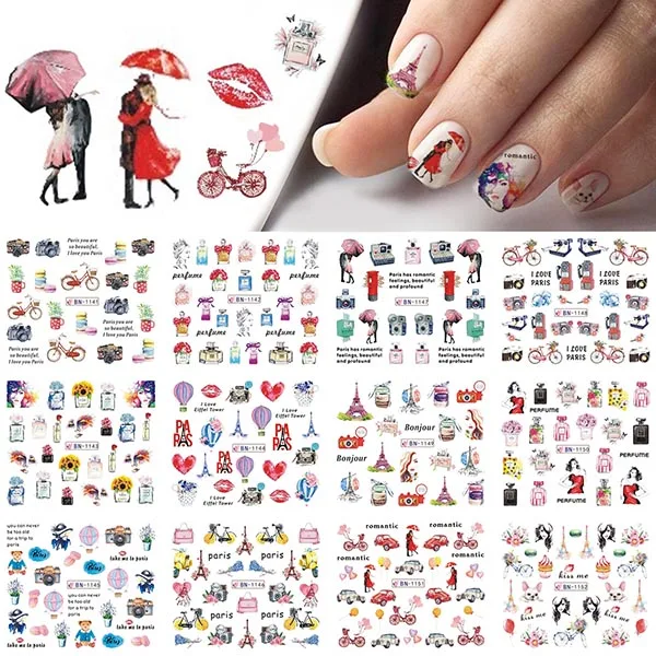 12 дизайнерских акварельных наклеек для ногтей, наклейки, сделай сам, Сова, перо, цветок, слайдер, тату маникюр, обертывания для украшения ногтей, BN409-1200 - Цвет: BN1141-1152