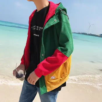 

Nice Spring Color Block Patchwork Corduroy Hooded Jackets Men Hip Hop Hoodies Coats Male Casual Streetwear Outerwear