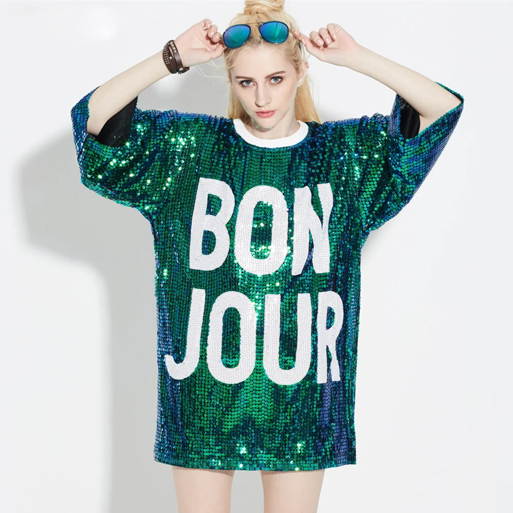 

2019 Hot Summer Women Stage Costume 3/4 Sleeve Loose Sequin T-shirt Dress Street Hip-Pop Mesh Oversized Casual Long Tee Bon Jour