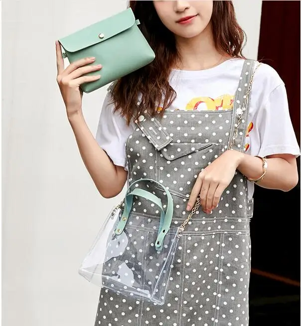 

1 set 2 pieces Small PU leather handbags transperent PVC hand bags mini shoulder Bag Black crossbody messenger Phone Pouch