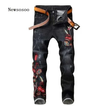 

New Fashion Brand man jeans Cotton motociclista jeans embroidery of flowers skinny jeans men fashion jeans men 15011#