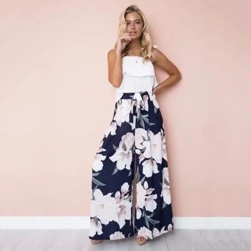 Womens Floral Palazzo Pants High Waist 