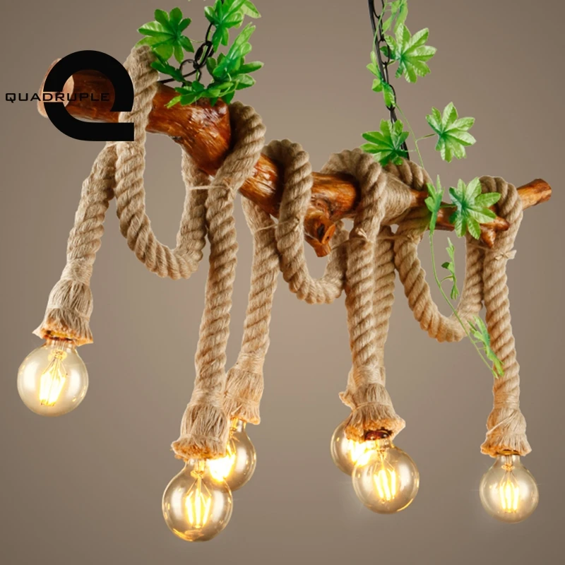 

Quadruple Vintage Pendant Lights 20mm Hemp Rope Hanglamp Pendan Touw Lamp Retro Living Room Loft Lamp DIY Bar Cafe Light Decor