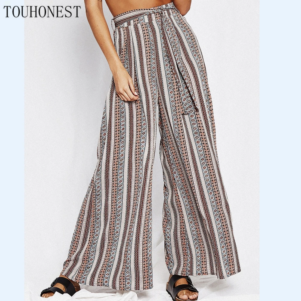 Touhonest Women Print High Waist Wide Leg Drawstring Women Long Pants