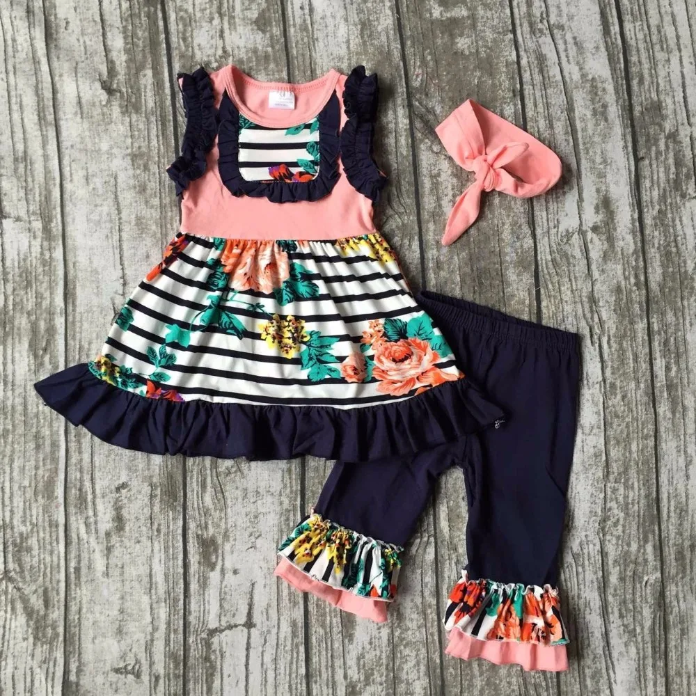 girls baby Summer cotton navy coral striped outfit floral clothes