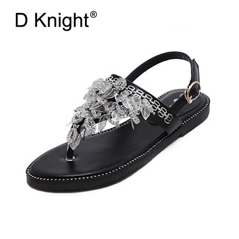 

Crystal Flip Flops Platform Gladiator Sandals Metallic Leaf Decorative Creepers Slip On Flats Lady Casual Beach Shoes For Woman