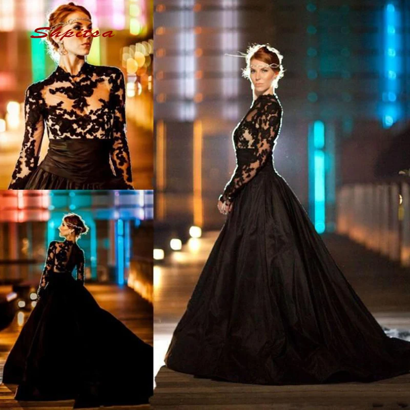 

Black Long Sleeve Lace Wedding Dresses Ball Gown Vintage Satin Plus Size Bride Bridal Weding Weeding Dresses Wedding Gowns 2019