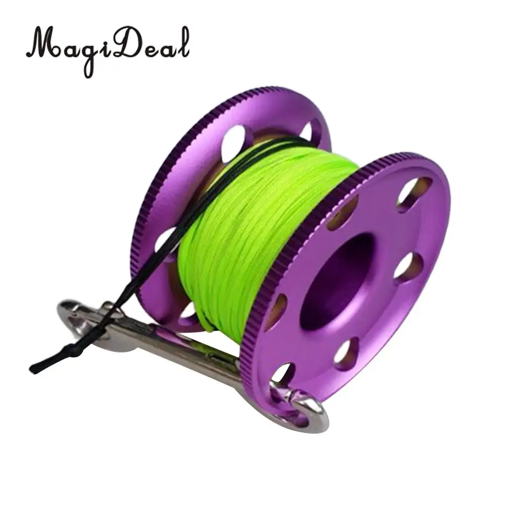 MagiDeal Scuba Diving Aluminium Finger Spool Reel Line Stainless Steel Snap Bolt Clip 20/30/50M Blue Purple Black