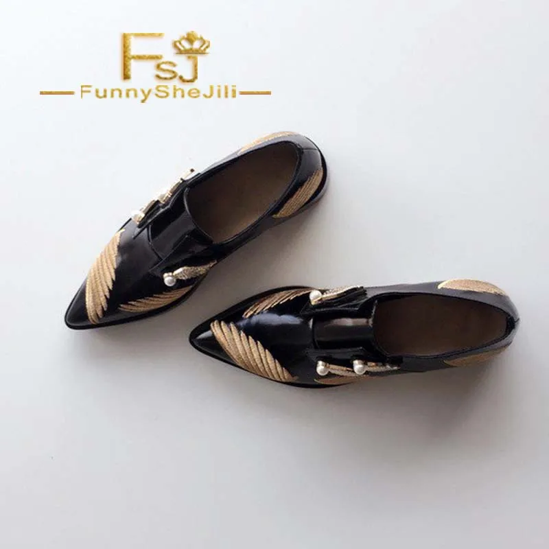

Black Women's Oxfords Pointy Toe Vintage Shoes with Wings and Pearls Anniversary Generous Attractive Incomparable Noble FSJ
