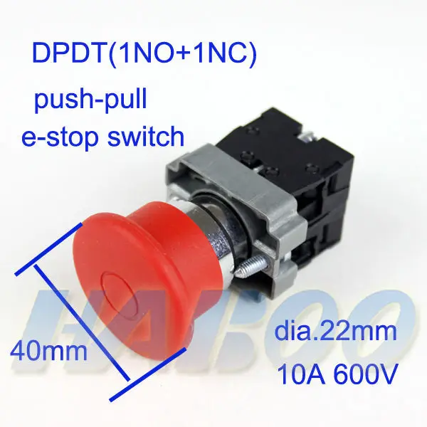 

5pcs/lot diameter 22mm mushroom head push-pull emergency stop switch press to lock pull to reset 1NO+1NC DPST push pull switch