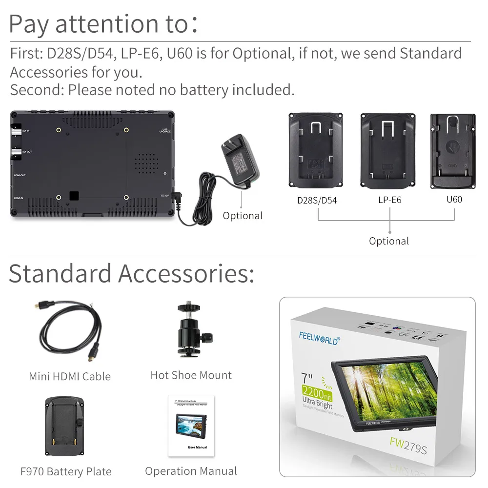 FEELWORLD FW279S 7 дюймов 2200nit дневного света для просмотра 3G SDI мини HDMI на Камера DSLR