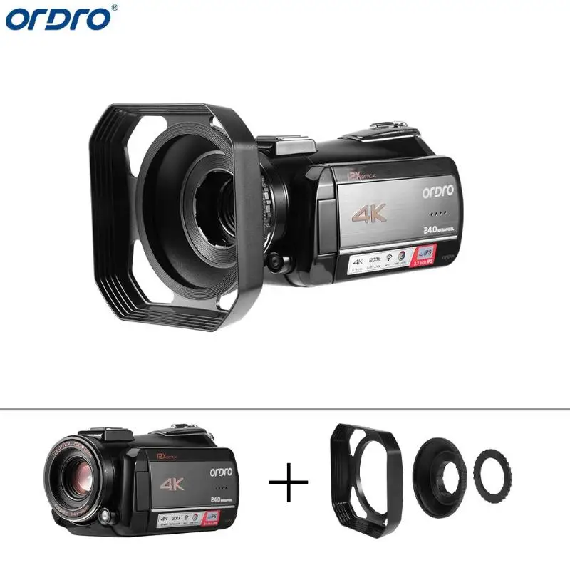 

Ordro AC5 4K 12X Optical Zoom Digital Cameras 24MP WiFi IPS Touch Screen Camcorders+Lens Hood Camera Camcorder Recorder
