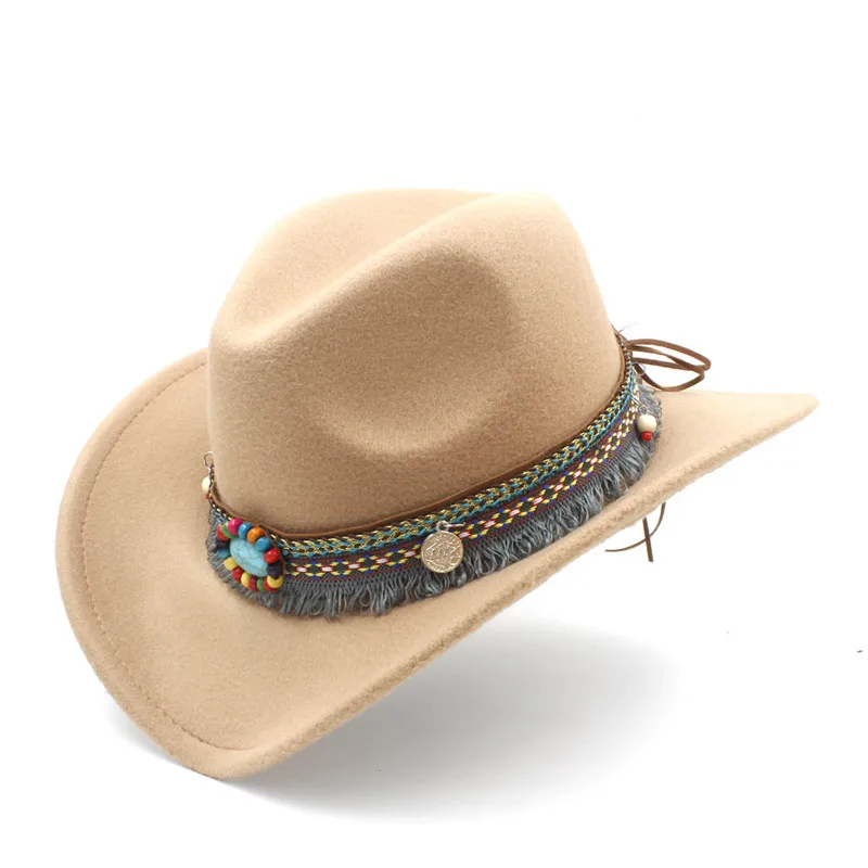 Детская шерстяная ковбойская шляпа в западном стиле с кисточками на поясе, детская джазовая шляпа для девочек, ковбойская шляпа сомбреро, размер 52-54 см, для От 4 до 8 лет