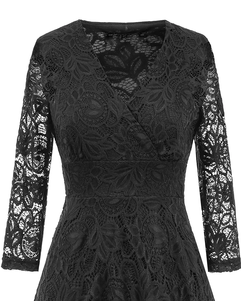 Kostlich 2017 Women Autumn Dress V-Neck 34 Sleeve Lace Hollow Sexy Evening Party Dresses Irregular Hepburn 1950s Vintage Dress (21)