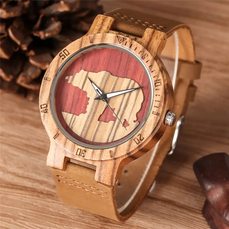 

Casual Wood Watch Quartz Three-dimensional Polar Bear Dial Luminous Hands Stylish Wooden Watches Bamboo Ebony Clock Male reloj