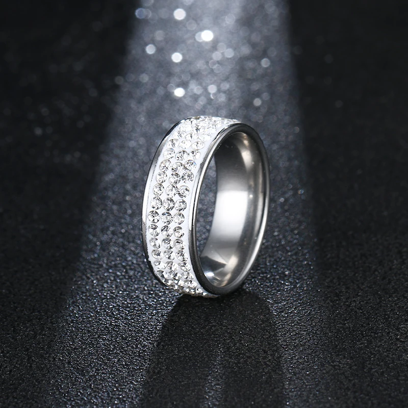 CACANA Full Size 8mm three row clear crystal Stainless steel Wedding rings fashion jewelry Made with Genuine CZ Crystals