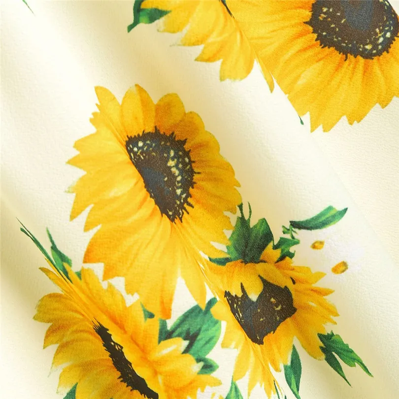 New Women Summer Sexy Short Sleeve Bow Knot Bandage Top Sunflower Print Mini Dress Suits Bohemian Casual Beach Dress #4A30 (45)