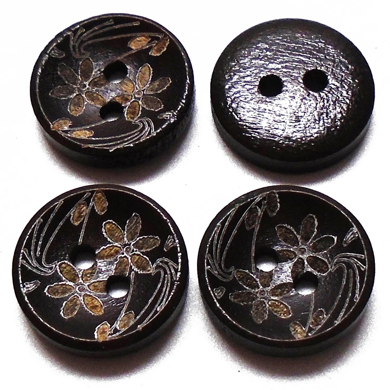 

ZIEENE 50PCs 100PCs Natural Wood Round Dark Brown Laser Flower Bowl Wooden Buttons 15mm Sewing Scrapbooking For Shirt Handmade