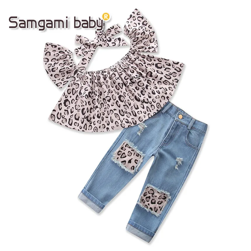 Детская одежда SAMGAMI с леопардовым принтом топы открытыми плечами + рваные брюки