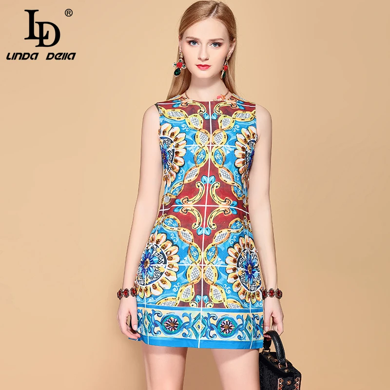 

LD LINDA DELLA 2019 Fashion Runway Summer Dress Elegant Women's Sleeveless Gorgeous Crystal Beading Vintage Short Mini Dress