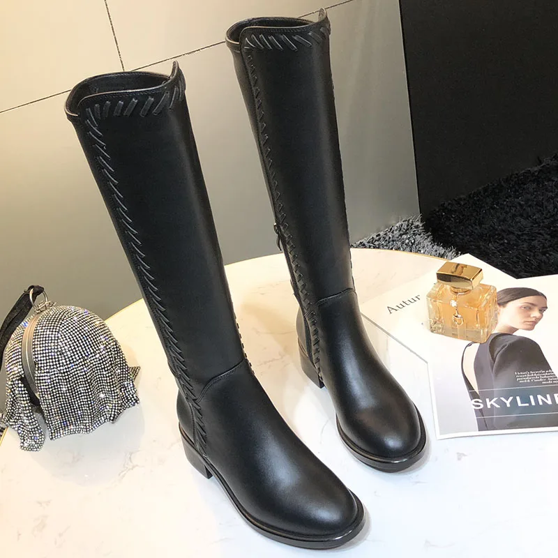 

Hot 2018 Autumn Winter New Shoes Women Med Heels Leather Zippers Knee-high Boots Women Braid Belt Ladies Shoes Zapatos De Mujer