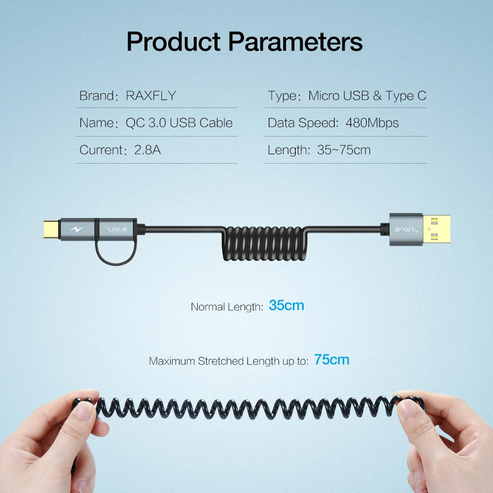 RAXFLY 2 в 1 USB кабель Quick Charge 3,0 Micro usb type-C кабель для samsung S9 Note 9 8 пружинный провод быстрой зарядки для huawei P20