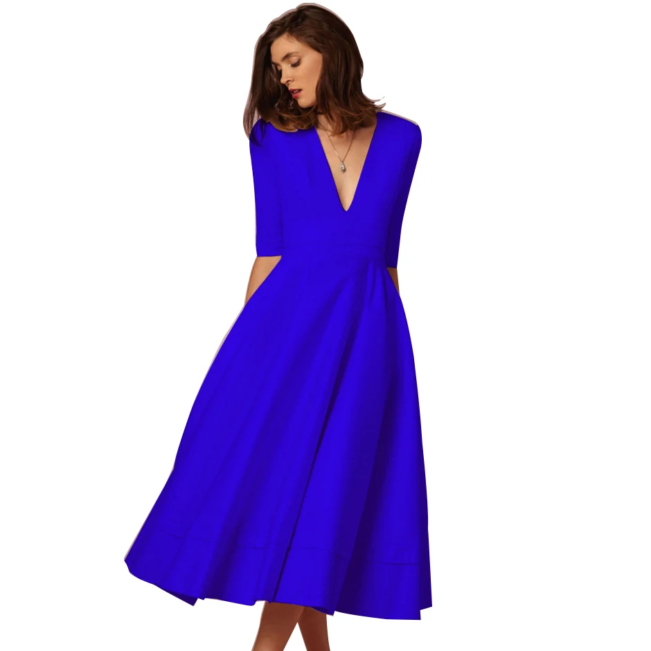 Осень Лето Женское платье с коротким рукавом элегантное бальное платье сексуальное длинное платье с глубоким v-образным вырезом - Цвет: Blue