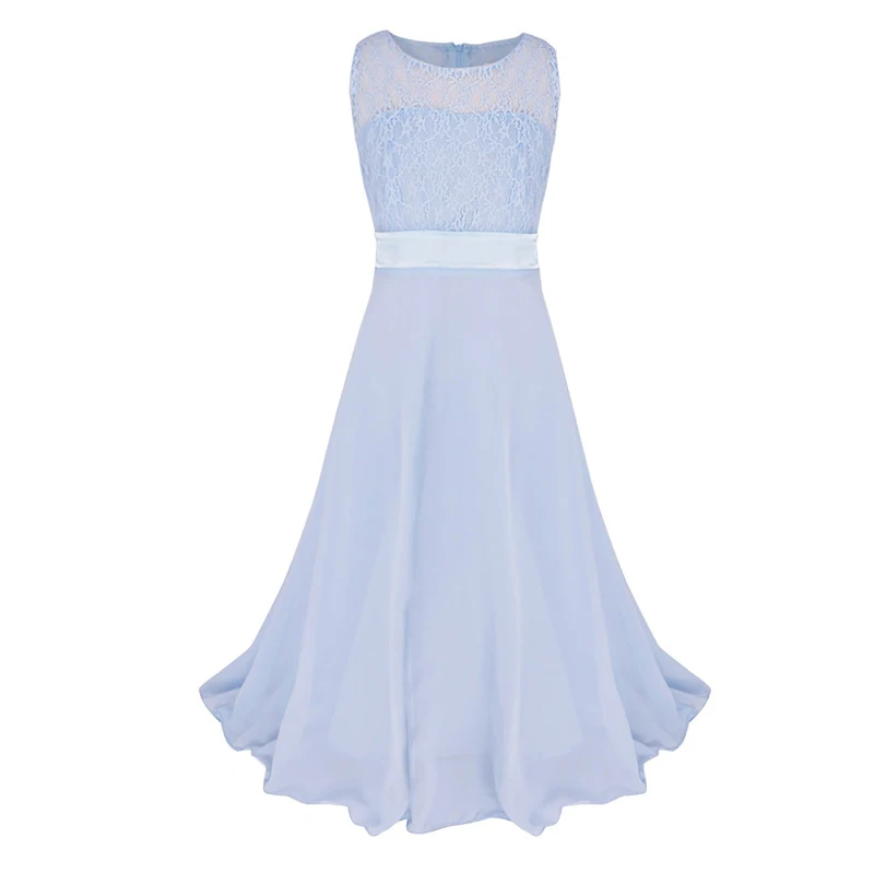 Платья с цветочным узором для девочек; шифоновое кружевное платье без рукавов с цветочным рисунком; длинное платье для девочек на свадьбу; праздничное платье; Vestido; вечерние платья принцессы - Цвет: Sky Blue