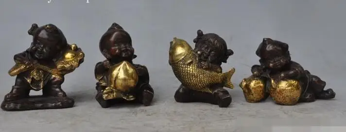 

S00557 Folk chinese Bronze luck gilt boy girl ruyi Peaches fish wealth lucky statue B0403
