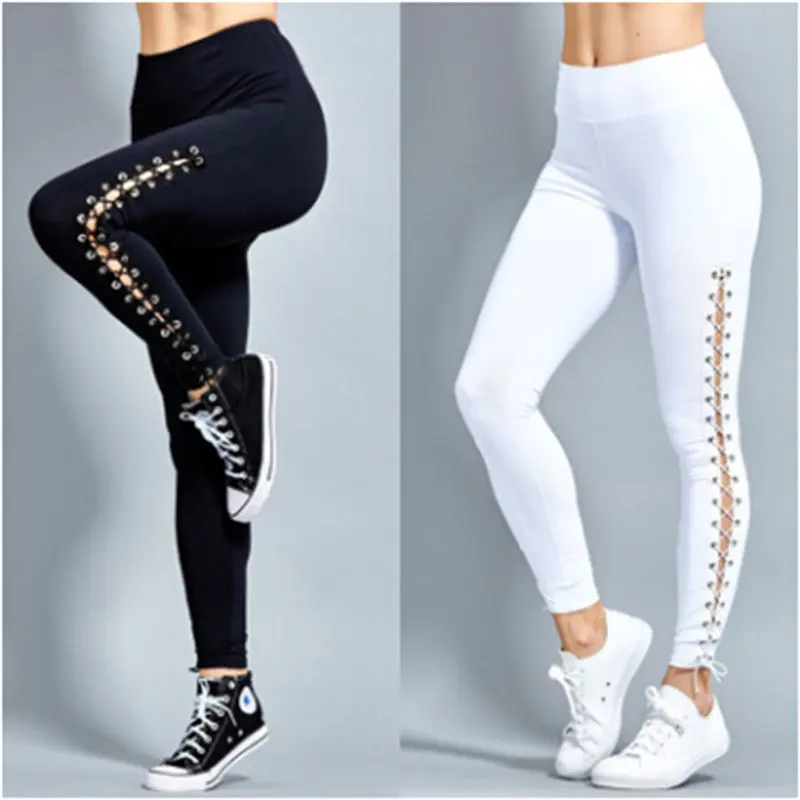 

Women Stretch Jeggings Ankle Length Cross Bandage Workout High Waist Fitness Elastic Sides Lace up Legging White Black Trousers