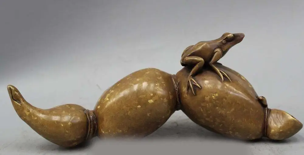 

10" Chinese Fengshui Pure Bronze Golden Frog lotus root Wealth Statue Sculpture