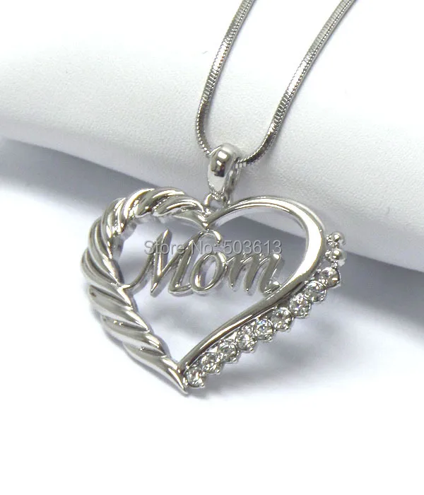 

Tops 2014! fashion alloy rhinestone "MOm" heart pendant necklace mother's day good gift xy160
