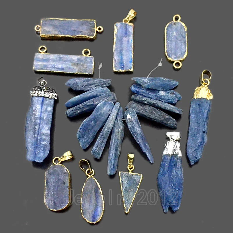 

5PCS/Lot Natural Blue Kyanite Gem stone Crystal Point Silver Gold Pendant Connector Beads Diy Jewelry Design Wholesale