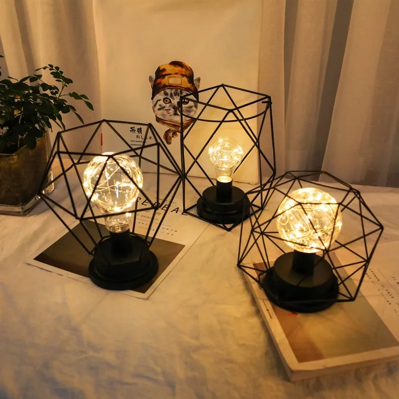 

Nordic Geometric USB Lamp Creative INS Iron Retro LED Light Decoration Candlestick Ornament DIY Home Desktop Metal Decor Crafts
