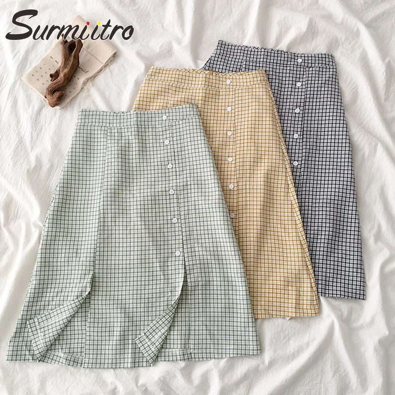 

Surmiitro Plaid Midi Skirt Women 2019 Summer Fashion Korean Ladies Slit High Waist Black Green Sun Skirt Female